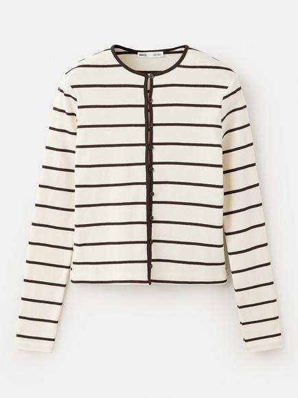 Mango Crew Neck Button Front Cropped Striped Cotton Knit Cardigan, Raw/Brown, Raw/Brown