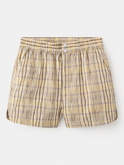 Mango Jolli Gathered Waist Mid Rise Check Cotton Blend Mini Shorts, Brown/Multi, Brown/Multi
