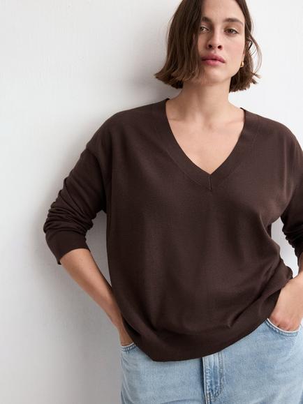 Mango Long Sleeve V-Neck Knit Jumper, Chocolate, Chocolate