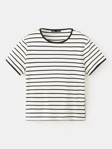 Mango Camiseta Crew Neck Striped Cotton T-Shirt, Black/White, Black/White