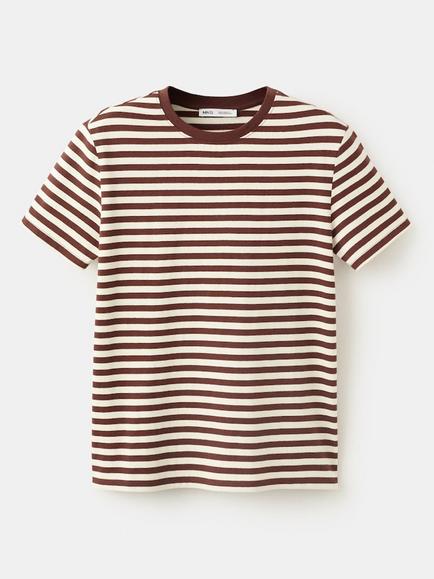 Mango Camiseta Crew Neck Striped Cotton T-Shirt, Brown/White, Brown/White