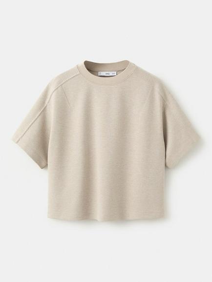 Mango Camiseta Boxy Cropped Crew Neck Cotton Blend T-Shirt, Raw, Raw