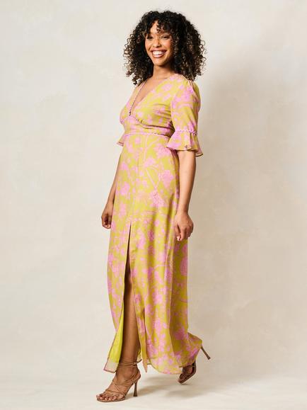 Hope & Ivy The Yara Petite Floral Maxi Dress, Green/Pink - view 2, Green And Pink