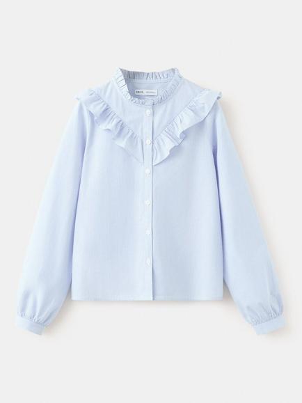 Mango Kids' Ruffle Yoke Mandarin Collar Shirt, Blue, Blue