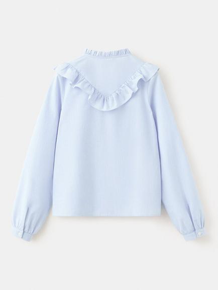 Mango Kids' Ruffle Yoke Mandarin Collar Shirt, Blue - view 2, Blue