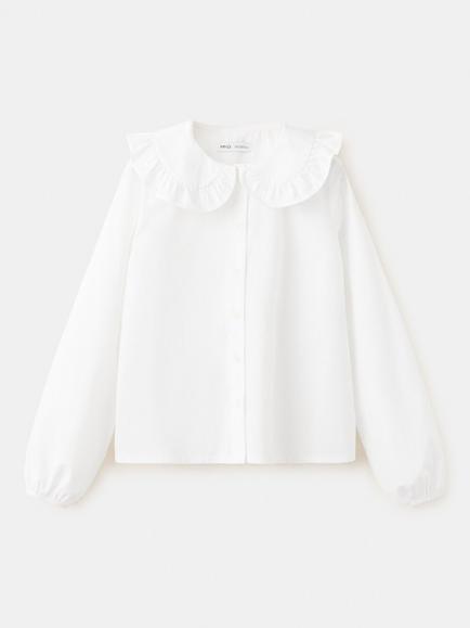 Mango Kids' Ruffled Round Collar Babydoll Shirt, White