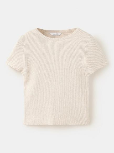 Mango Kids' Ribbed Short Sleeve Top, Beige, Beige