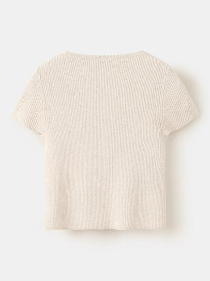 Mango Kids' Ribbed Short Sleeve Top, Beige - view 2, Beige