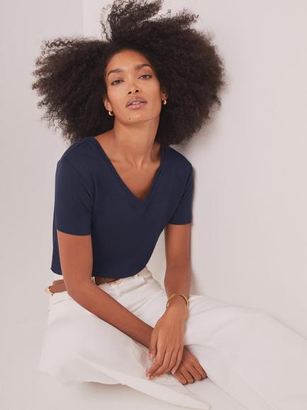 Mint Velvet V-Neck T-Shirt, Blue Navy - view 2, Blue Navy