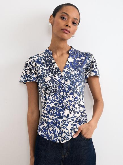 Phase Eight Aura Floral Printed Jersey Blouse, Navy/Ivory, Navy/Ivory