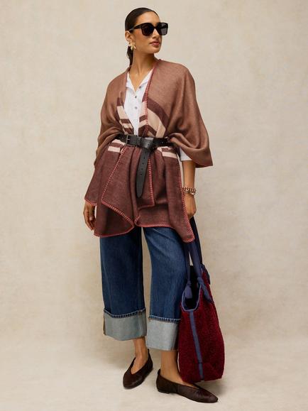 White Stuff Striped Knit Poncho, Brown, Brown
