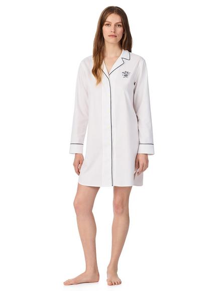 Lauren Ralph Lauren Button Through Long Sleeve Cotton Nightshirt, 100 White, 100 White