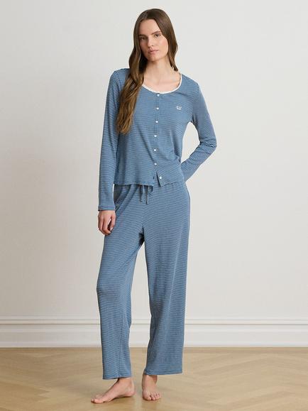 Lauren Ralph Lauren Cotton Blend Long Sleeve Stripe Pyjama Set, Blue, Blue