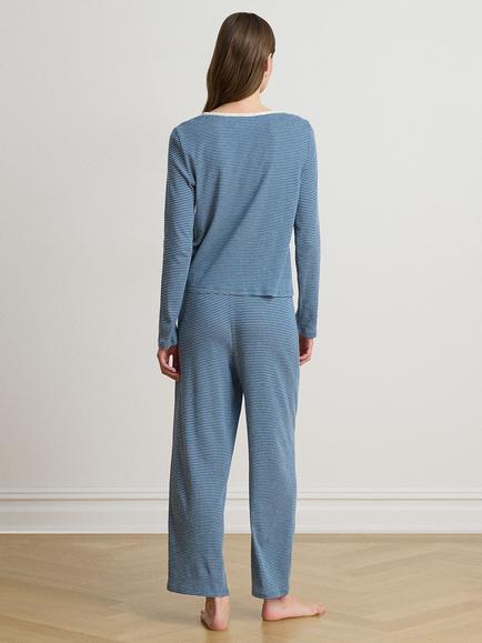 Lauren Ralph Lauren Cotton Blend Long Sleeve Stripe Pyjama Set, Blue - view 2, Blue
