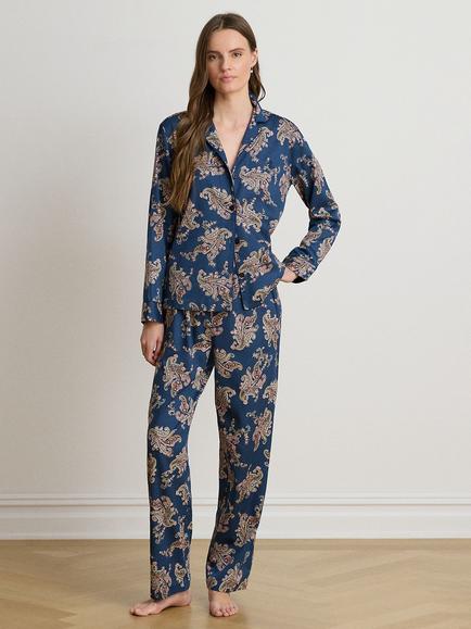 Lauren Ralph Lauren Cotton Paisley Long Sleeve Pyjama Set, Navy/Multi, Navy/Multi