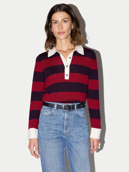 Jigsaw Fine Merino Wool Stripe Polo Jumper, Red, Red