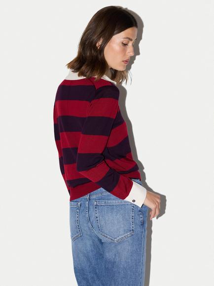 Jigsaw Fine Merino Wool Stripe Polo Jumper, Red - view 2, Red