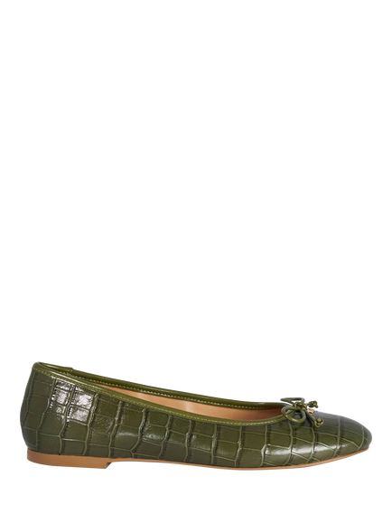 Dune London Helenne Croc Effect Leather Bow Detail Ballerina Pumps, Green, Green