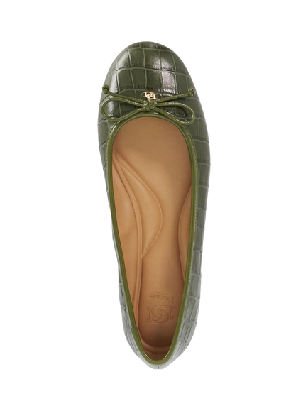 Dune London Helenne Croc Effect Leather Bow Detail Ballerina Pumps, Green - view 2, Green