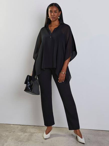 Live Unlimited Half Button Chiffon Overlay Top, Black, Black