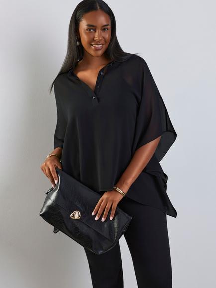 Live Unlimited Half Button Chiffon Overlay Top, Black - view 2, Black