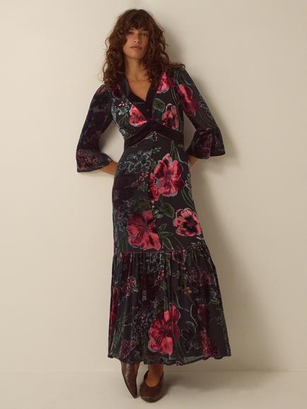 Monsoon Burnout Floral Tiered Maxi Dress, Burgundy, Burgundy