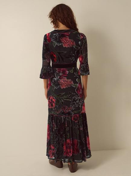 Monsoon Burnout Floral Tiered Maxi Dress, Burgundy - view 2, Burgundy