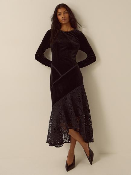 Monsoon Beatrix Velvet Lace Long Sleeve Midi Dress, Black, Black