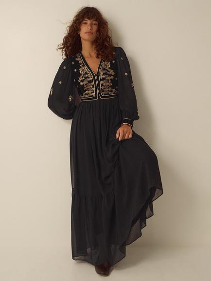 Monsoon Ella Velvet Floral Embellished Maxi Dress, Black, Black