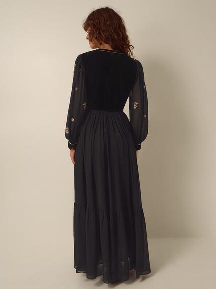Monsoon Ella Velvet Floral Embellished Maxi Dress, Black - view 2, Black