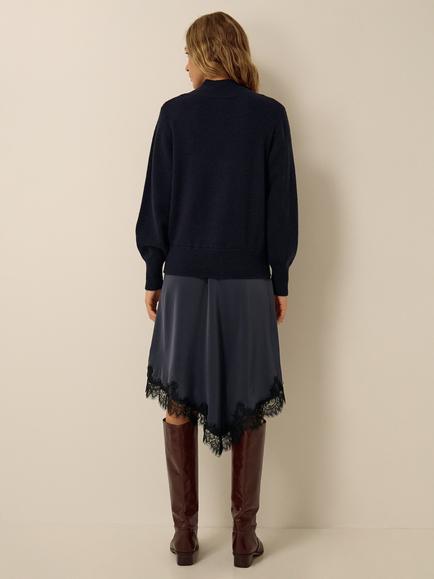 Monsoon Suzy Knitted Lace Satin Midi Dress, Navy - view 2, Navy
