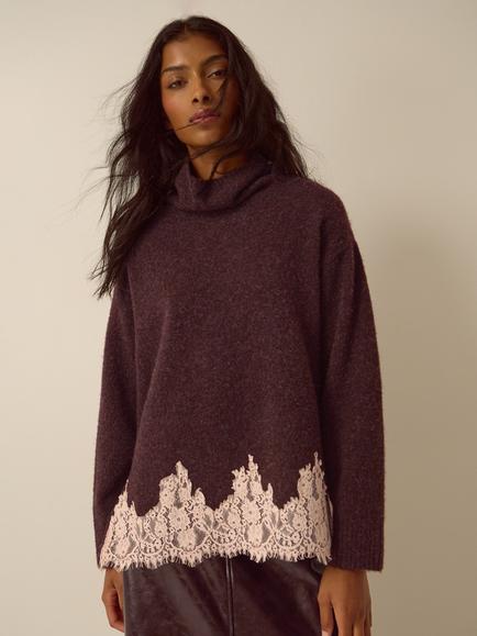 Monsoon Lana Lace Funnel Neck Jumper, Chocolate, Chocolate