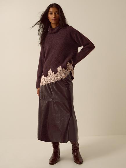 Monsoon Lana Lace Funnel Neck Jumper, Chocolate - view 2, Chocolate