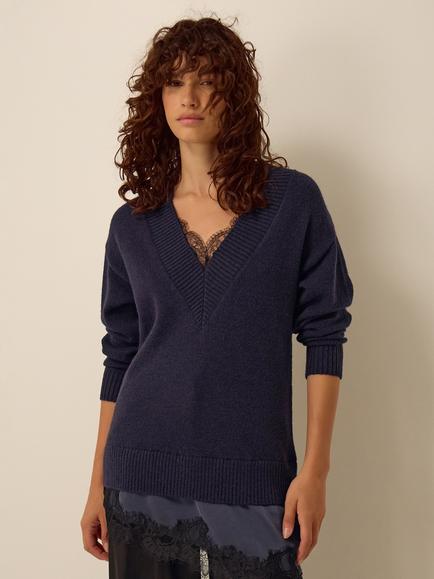 Monsoon Lilah Lace Trim Jumper, Navy, Navy