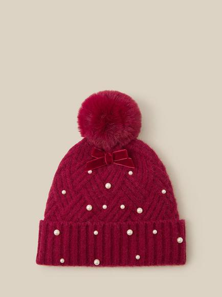 Monsoon Kids' Pearl Cable Knit Bobble Hat, Red, Red