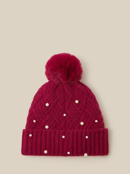 Monsoon Kids' Pearl Cable Knit Bobble Hat, Red - view 2, Red