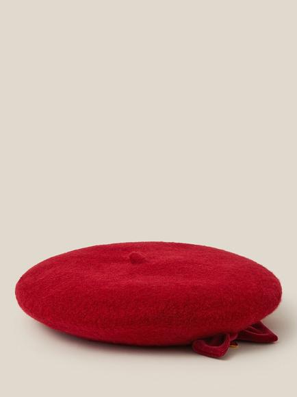 Monsoon Kids' Pure Wool Velvet Bow Beret, Red - view 2, Red
