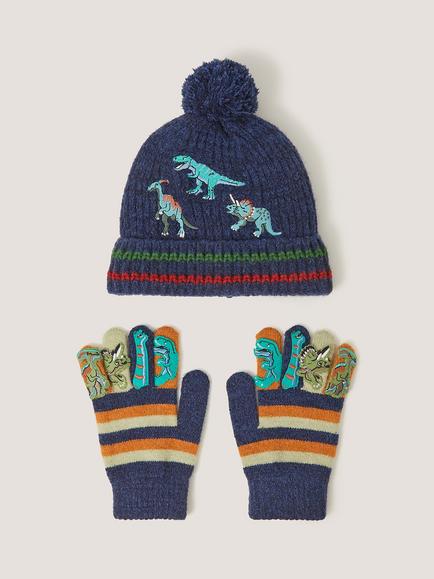 Monsoon Kids' Dinosaur Hat and Gloves Set, Navy, Navy