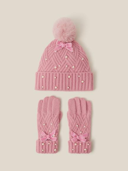 Monsoon Kids' Cable Knit Hat and Gloves Set, Pink, Pink