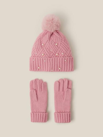 Monsoon Kids' Cable Knit Hat and Gloves Set, Pink - view 2, Pink