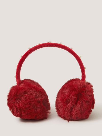 Monsoon Kids' Fluffy Pearl Trim Ear Muffs, Red, Red