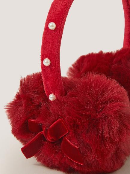 Monsoon Kids' Fluffy Pearl Trim Ear Muffs, Red - view 2, Red