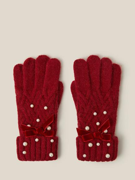 Monsoon Kids' Pearl Cable Knit Gloves, Red, Red
