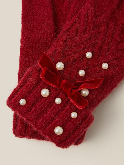Monsoon Kids' Pearl Cable Knit Gloves, Red - view 2, Red