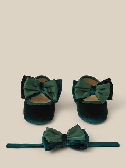 Monsoon Baby Bow Velvet Booties & Headband Set, Green, Green