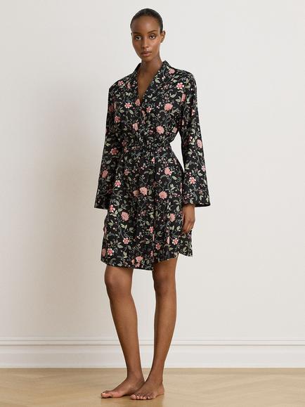 Lauren Ralph Lauren Floral Cotton Blend Kimono Dressing Gown, 075 Black Floral, 075 Black Floral
