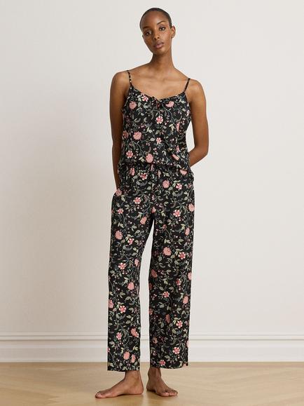 Lauren Ralph Lauren Floral Camisole Long Cotton Blend Pyjama Set, 075 Black Floral, 075 Black Floral