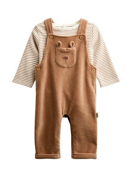 JoJo Maman Bébé Baby Bear Dungarees & Long Sleeve Bodysuit Set, Brown, Brown