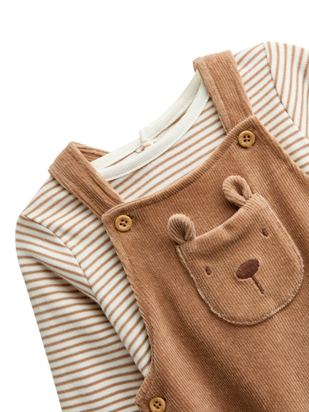 JoJo Maman Bébé Baby Bear Dungarees & Long Sleeve Bodysuit Set, Brown - view 2, Brown