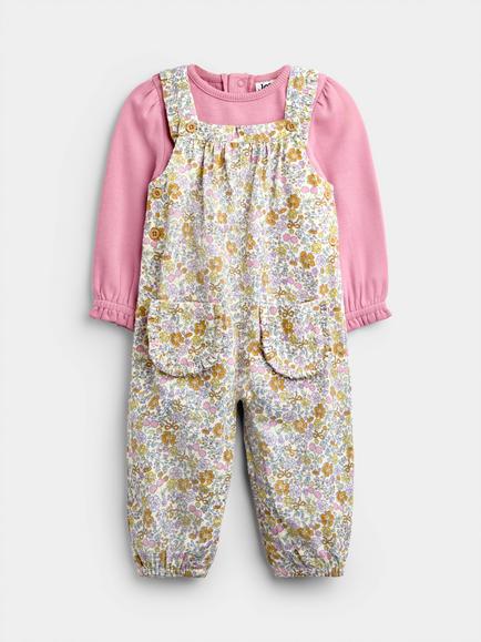 JoJo Maman Bébé Baby Floral Corduroy Dungaree and Bodysuit Set, Dusky Pink, Dusky Pink